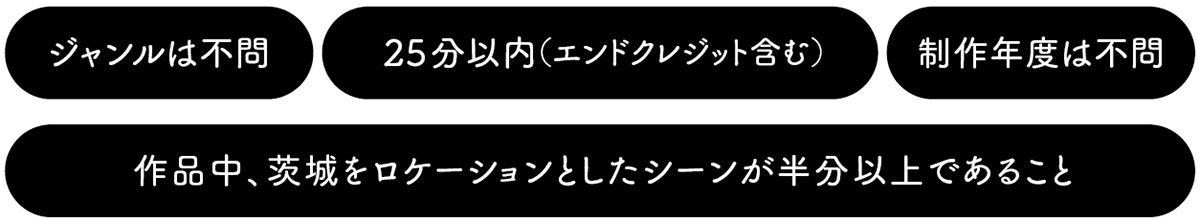 ジャンルは不問・25分以内（エンドクレジット含む）・制作年度は不問・作品中、茨城をロケーションとしたシーンが半分以上であること